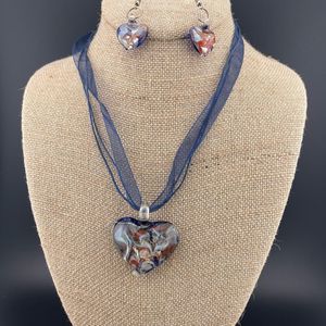 Art Glass Heart Pendant Necklace and Earrings Set
